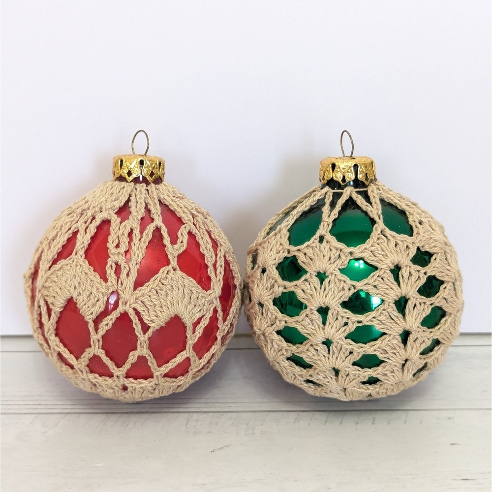 Vtg Crochet Covered Christmas Ornament  Glass Ball Bauble Handmade - Set Of 2